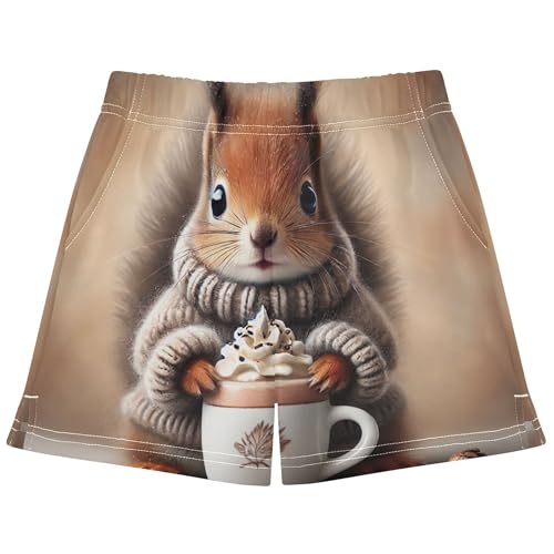 Girls Lounge Shorts Cozy Squirrel Hot Cocoa Cute Animal Print Athletic Summer Pajama Casual Youth Clothes, X-Small