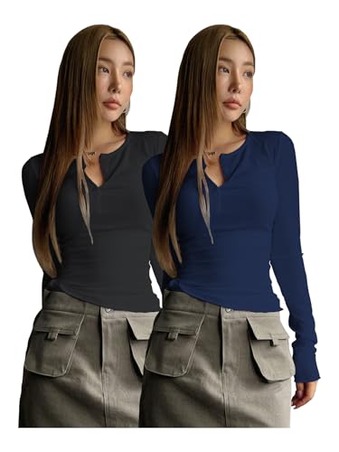 Image of Shasmi Women's & Girl's Long Sleeve Round Neck Solid Color Ruched Workwear Casual Top Half Button Down Henley T-Shirt for Women (Top 128)