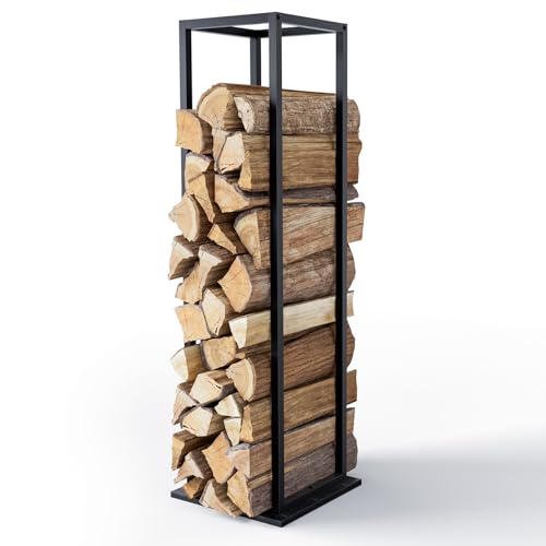 VOUNOT® Soporte de Madera Vertical de Metal 33 x 33 x 112 cm, Leñero con Estantería, Estante de Registro de Chimenea para Interior y Exterior, Negro