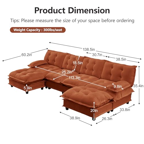 Image of 139 inch Sectional Sleeper Sofa with Ottoman, U Shaped Modular Deep Seat Couches for Living Room Apartment, Flexible Module Combination Cloud Sofa with Spring Support, Easy Assembly, Orange