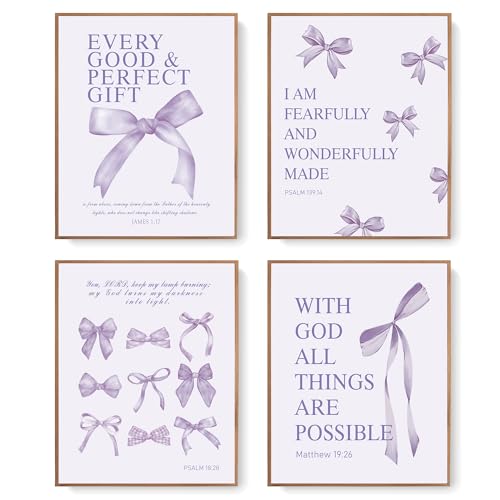 Image of LARTSFRO Coquette Purple Bow Wall Art Decor Posters, Purple Bow Christian Room Bedroom Bathroom Dorm Wall Art Decor for College Teen Girls Kids Gifts, Inspirational Bible Verses Bow Wall Decor, 10x8 Inch Set of 4 Pcs Bow Pictures (UNFRAMED)