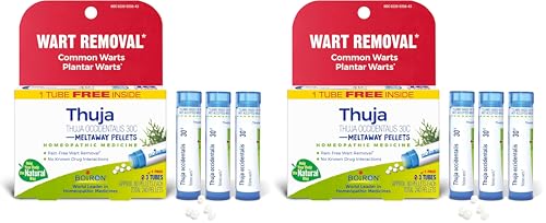 Image of Boiron Thuja Occidentalis 30C Wart Removal Homeopathic Medicine for Painless Removal of Warts from Plantar (Feet), Hands, and Other Bodily Warts - 3 Count (240 Pellets) (Pack of 2)