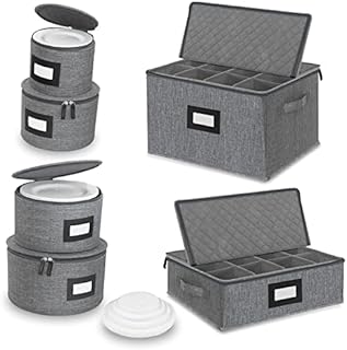 Merb Home - China Storage Set - Dinnerware & Glass Storage Containers - Hard Shell and Stackable Storage Boxes - Protects Dishes Cups and Mugs, Felt Plate Dividers Included (6-Pieces Grey)