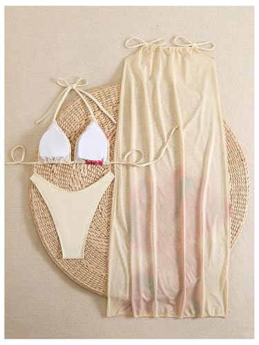 Verdusa Women's 3 Piece Boho Floral Print Bikini Set Halter Triangle High Cut Swimsuit with Cover Up3