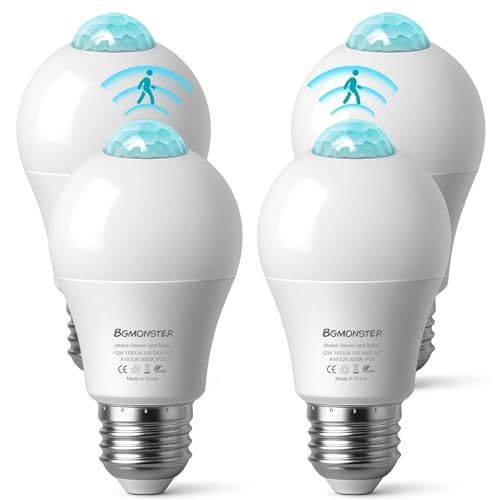 4-Pack Motion Sensor Light Bulbs, 12W(100W Equivalent) E26 A19 Security LED Bulb Outdoor/Indoor, Motion Activated Dusk to Dawn Bulb(Energy Efficient) for Front Porch, Garage, Basement, Hallway, Stairs