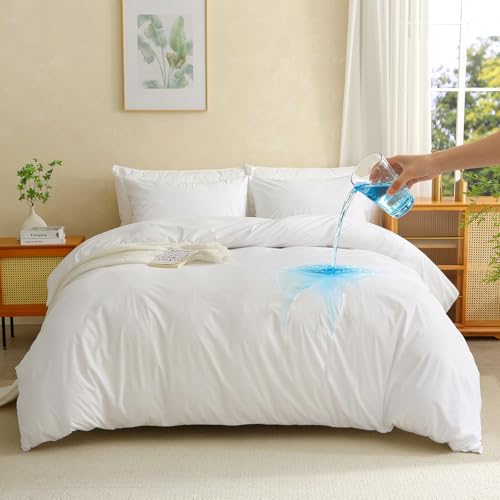 Waterproof Duvet Cover 90x90 Reusable Duvet Protector Cover Queen Size Washable Comforter Cover with Zipper Closer Flap 2 Pillowcases for Pets Kids Elder Incontinence(White Queen)