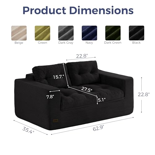 Image of MAXYOYO 63 inch Loveseat Sofa Couch for Small Spaces, Upholstered Boneless Cloud Couch for Apartment Bedroom, 2-Seater Love Seat Floor Modern Sofa with Pillows, No Assembly Required, Black