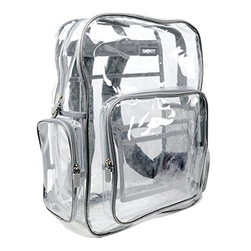 SMARTY Large Heavy Duty Clear Backpack V6 Durable Transparent See Through Bag (Gray, Clear Bottom)