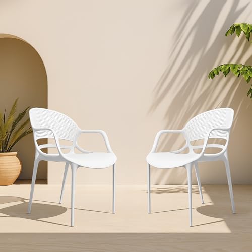 Image of DIYA Sunset Designer Plastic Chair for Dining Table & Home | Comfortable Arm Chair for Living Room & Balcony | Durable PP Body, 1-Year Warranty - Pack of 4 (White)