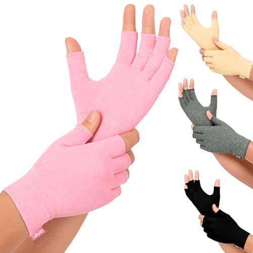 Vive Pink Arthritis Hand Compression Gloves - Comfortable Fit for Men and Women - Open Finger for Rheumatoid, Osteoarthritis and Computer Typing Pain - Carpal Tunnel Support - Moisture Wicking Fabric