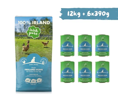 Irish Pure Junior Huhn – Hundefutter - 12kg + 6x390g - Trockenfutter & Nassfutter für Welpen – getreidefrei – mit Freiland-Huhn, Gemüse & Kelp-Alge – ohne Zusätze & künstliche Stoffe - Sparpaket