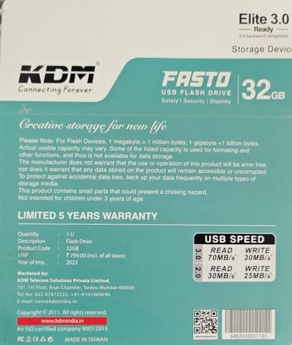 Image of KDM FASTO USB Flash Drive 32GB | Fast and Secure | Elite 3.0 Ready Storage Device