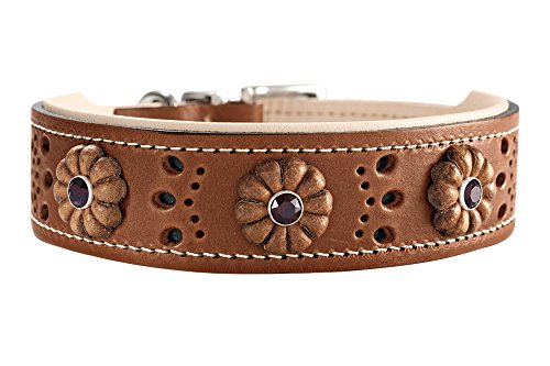 HUNTER VIRGINIA ROSE hondenhalsband, leer, rustiek, soepel, elegant, bloemenversiering, patroon, 55 (M), roest/beige