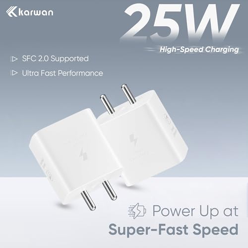 Image of KARWAN 25W Super Fast Charger with Cable [2Yrs Warranty] SFC 2.0 Adapter Compatible with Samsung Galaxy S /A /M /F /Z Series,S26 /S25 /S24 /S23 /S22 /S21 /Plus /Edge /Ultra /Flip /Fold & More,BIS Certified Charger
