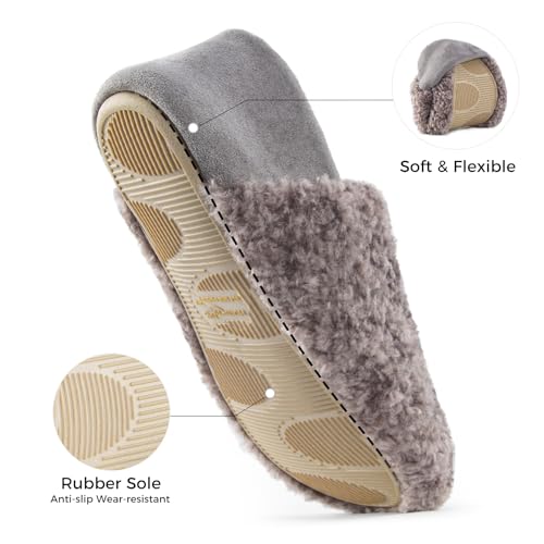 HomeTop Women's Set of 2 Pairs - Curly Teddy Fur Slippers (Size 7-8, Dark Grey) - Plush Collapsible Microsuede Heel Slippers (Size 7-8, Grey) 7