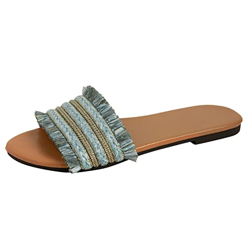 Women Slippers Summer New Pattern Linen Fashion Simple Flat Bottom Large Size Comfortable S Slip on Slippers (Blue, 6.5)