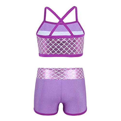Kids Girls Two Pieces Sports Dance Outfit Crop Tops Bra with Shorts set Gymnastics Athletic Leotard Swimwear Mermaid Scales Lavender 5-62