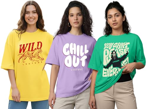 Image of LEOTUDE Womens Oversized Round Neck Cottonblend Half Sleeve T-Shirts (Colour: Multicolor)