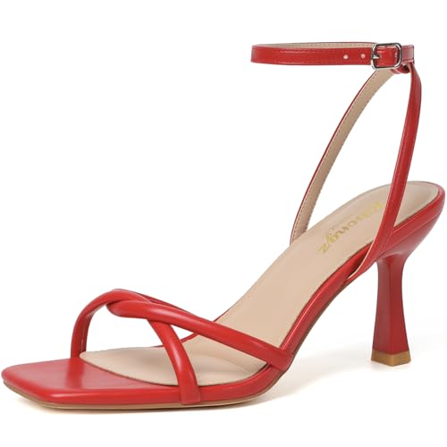 RIBONGZ Sandalias de tacón para mujer, cuadradas, con puntera abierta, con correa al tobillo, elegantes para verano, boda, fiesta, noche, graduación, uso diario, zapatos de vestir con cordones, Rojo