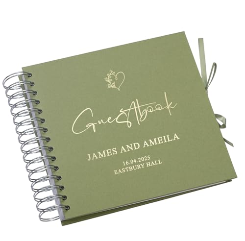 Image of Personalised Wedding Guestbook with Delicate Heart Foil Design, 20.3 x 20.3 cm, Spiral Binding, Multiple Colours (Olive)