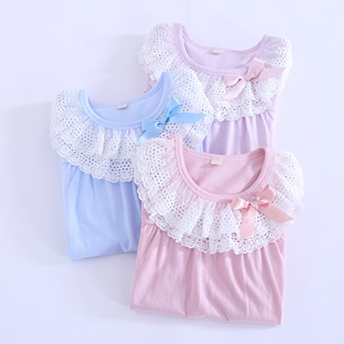 Summer Girl's Lace Nightgowns Sleep Dress 100% Cotton Sleepwear for Girl (Blue(Short Sleeve), 14)4