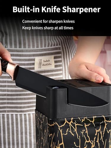 Image of Tetpino Kitchen Knife Set 7-Piece with Block | Sharp Stainless Steel Knives with Non-Stick Coating & Non-Slip Handles | Professional Chef Knife Set for Home & Restaurant (Black Gold)