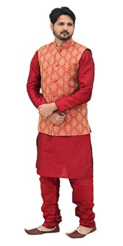 Image of Men's Silk Kurta Pyjama With Waistcoat