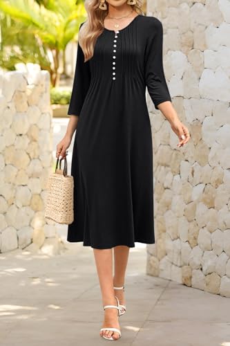 Soesdemo Long Sleeve Dress for Women Casual V Neck Pleated Button Down 3/4 Sleeves Knee Length Midi Dresses with Pockets - Image 3