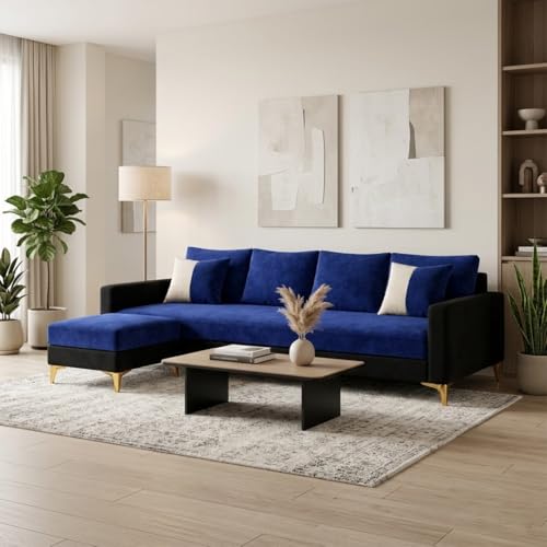 Image of Classiq Rich 5 Seater L Shape Sofa Set with Movable Ottoman | Flexible Layout | Spacious Soft Touch Seating | Designer Sofa for Living Room (Dark Blue & Black)