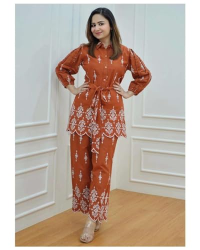 Image of Pure Cotton Fully Embroidered Work Rust Schiffli Co-Ord Set | Belt Having Embroidery | Co-Ord Set For Women & Girls