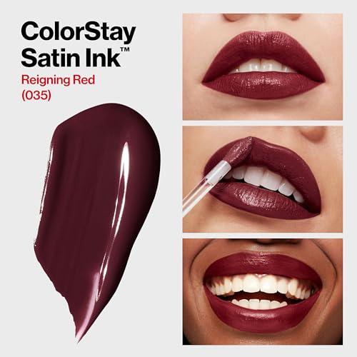 Image of REVLON ColorStay Satin Ink Crown Jewels Liquid Lipstick, Longlasting & Waterproof Lipcolor, Moisturizing Creamy Formula Infused with Black Currant Seed Oil, 035 Reigning Red, 0.17 fl oz.