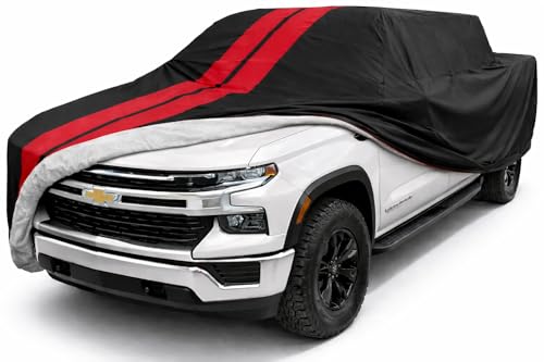 Image of SR1 Performance USA Ultraguard Truck Cover for 1999-2026 Chevrolet Silverado & GMC Sierra 1500 Crew Cab 5.5ft Bed - Custom Fit Indoor /Outdoor UV Protection, 300D Water Resistant (Black /Red Stripes)