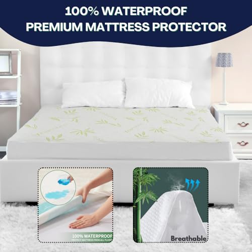 Bamboo Mattress Protector with Zipper - 100% Waterproof Queen Size Cooling Mattress Cover - Ultra Soft Jacquard Fabric Breathable Noiseless Mattress Pad Covers - Zippered Mattress Encasement