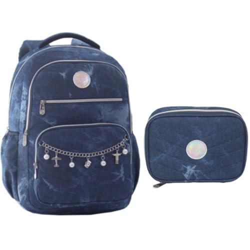 Mochila De Costas 18” Jeans Escuro Juvenil Com Estojo (Jeans Escuro)