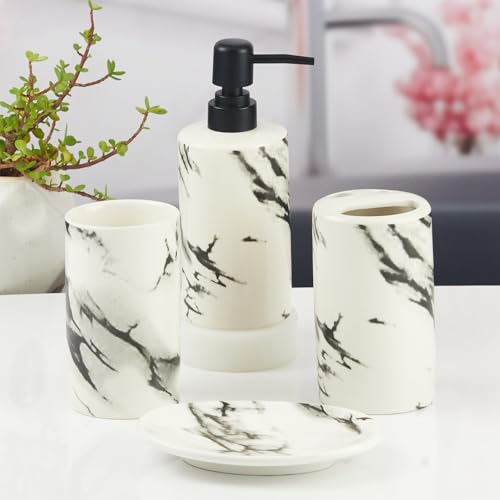 Image of SaSaSa Ceramic Bathroom Accessories Set of 4 Modern Bath Set with Soap Dispenser & Toothbrush Holder, Luxury Home & Gift Idea, White /Black (10391)