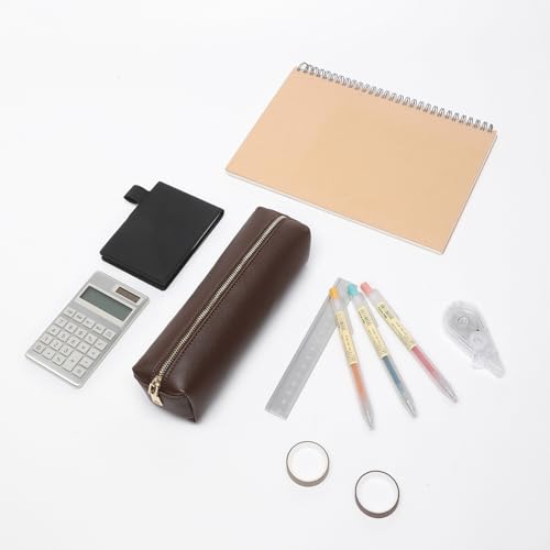 Image of Pencil Case Small Zipper Pen Pouch for School Office Art Supplies Stationery Organizer Bag for Pens Markers(Dark Brown /Faux Leather)