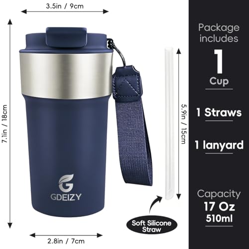 Image of Insulated Travel Coffee Mug, 17oz Stainless Steel Leakproof Flip Straw Cup