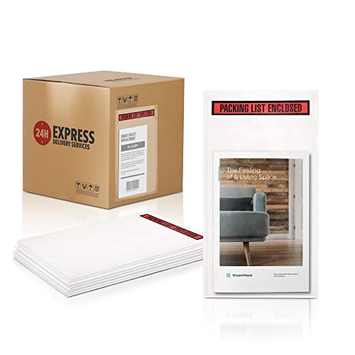 ABC Packing List Envelopes, 5.5 x 10 Inch. 100 Pack 2 Mil Polyethylene Clear Self Adhesive Pouch. Plastic Shipping Label Pouches with Red Panel Packing List Enclosed for Invoice and Order Management