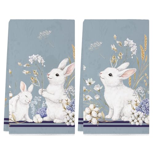 Siilues Easter Kitchen Towels Blue Floral Bunny Happy Easter Dish Towels 18x26 Inch Kitchen Hand Towels Seasonal Spring Holiday Decorations Home Party Decor Drying Dishcloth Set of 2