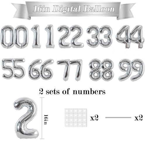 Image of TONIFUL 20 Pcs Number Balloon 2 Set 16 Inch Silver 0-9 Numbers Balloons