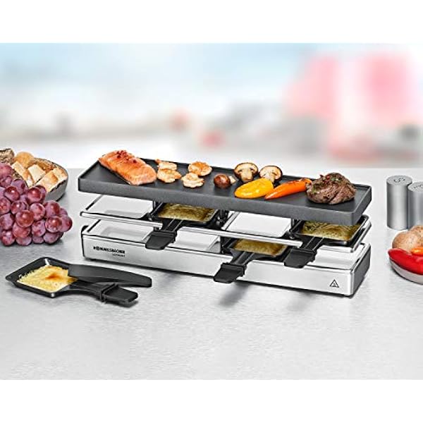 ROMMELSBAKER RC 800 raclette-grill fun for 4 (bordsgrill, för 4 personer, utbyggbar, parkettdäck, aluminiumgjuten grillplatta med Xylan Plus antistickbeläggning, 795 W) silver