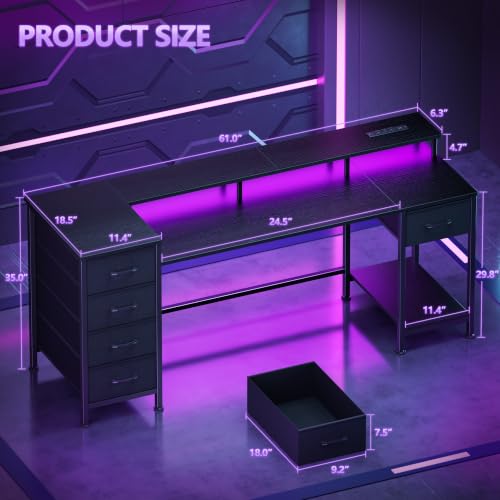 Image of Korfile 61 Inch Computer Gaming Desk with Power Outlets & LED Lights Reversible Home Office Desk with Adjustable 5 Fabric Storage Drawers for Working Writing Study, Black