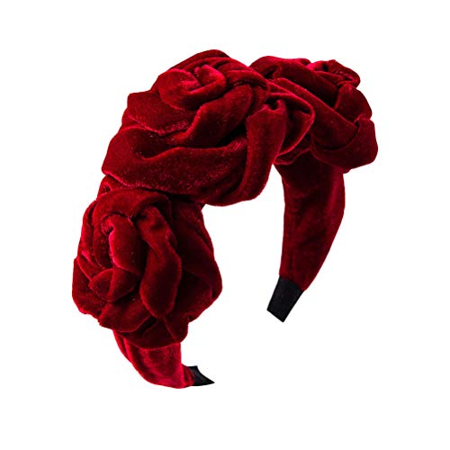 Golden Velvet Flower Headband with Large Flower Hair Clasp and Stylish Headband (Red)