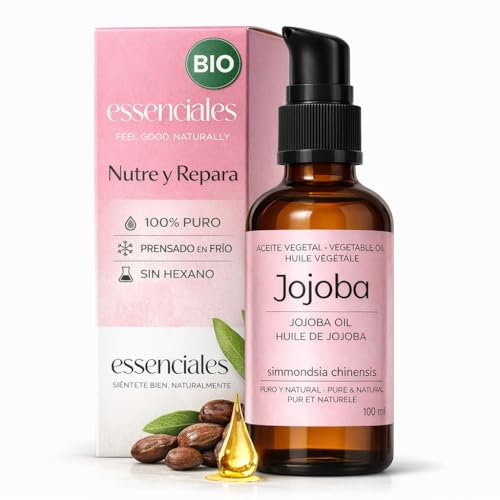 ESSENCIALES Aceite de Jojoba 100 Puro y Natural, Orgánico, Prensado en Frío - Equilibra el Sebo, Anti Imperfecciones - Aceite para Pelo, Piel, Uñas - Organic Jojoba Oil - Botella Vidrio y tapón serum