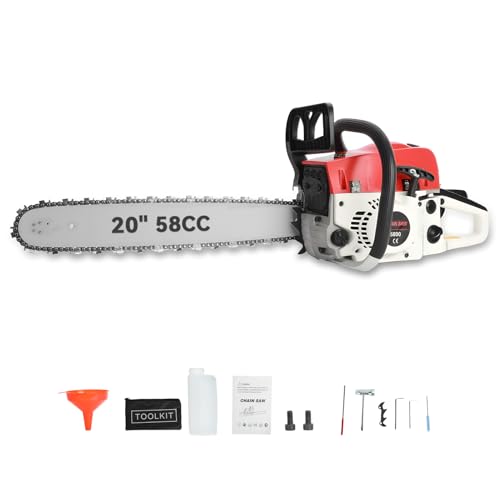 58cc Tronconneuse Thermique à Gaz, Tronçonneuse Thermique à 2 Temps Multifonction Haute Puissance, Elagueuse Thermiques à Bois Résistante à la Rouille pour la Coupe du Bois (Rouge)