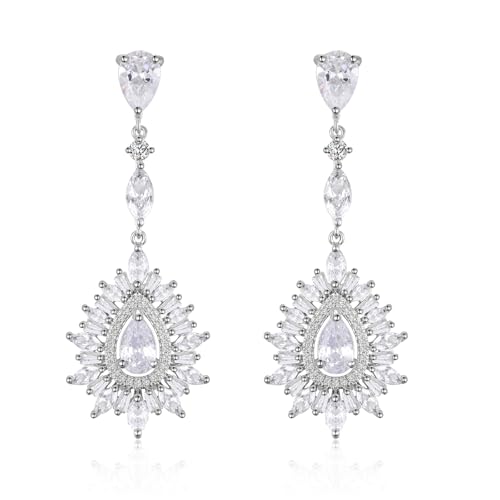 Cubic Zirconia Wedding Earrings for Brides Bridesmaids Crystal Rhinestones Dangle Drop Earrings for Women Geometry Floral Chandelier Earrings for Prom Pageant (white2)