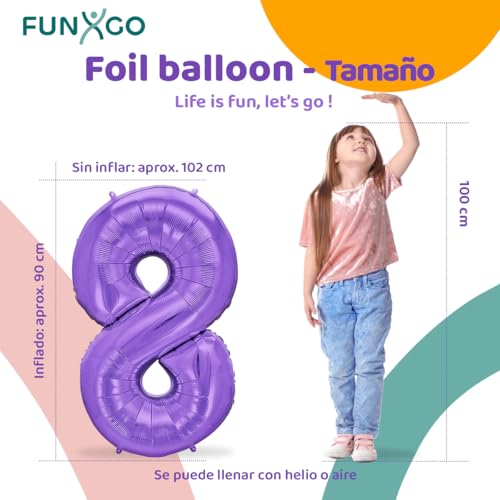 Miniatura 2 de Funxgo Globo De Plástico Número 8, Lila, 100 Cm, Vuela Con Helio, Para 8 Años, Decoración Fiestas Bodas