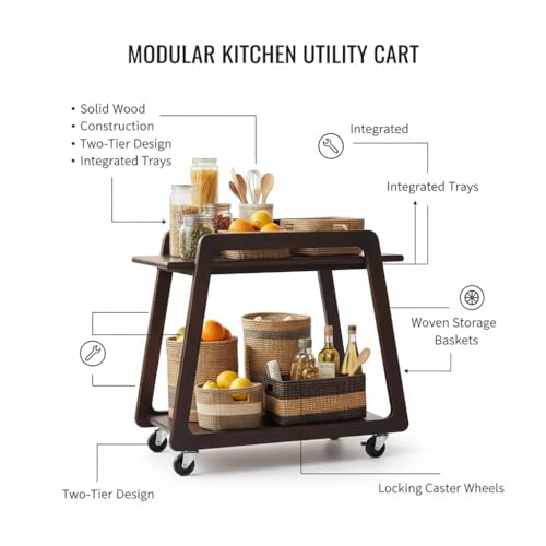 Image of Multipurpose Wood Trolley Storage Organiser with 2 Layers for Kitchen Supplies, Fruits, Vegetables, Onions, Cutlery, Trapezoid-Shaped Kitchen Storage Rack, Black Natural Color