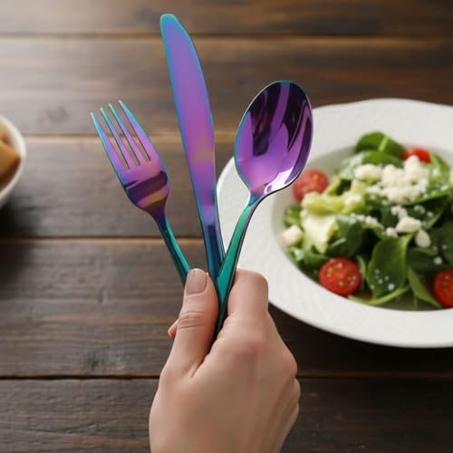 Image of 20 Pcs Rainbow Cutlery Set for Dining Table the Perfect Mirror Polish Hevy Duty Tableware Including Dinner Spoon, Dinner Fork, Dinner Knife, Dessert Spoon & Dessert Fork