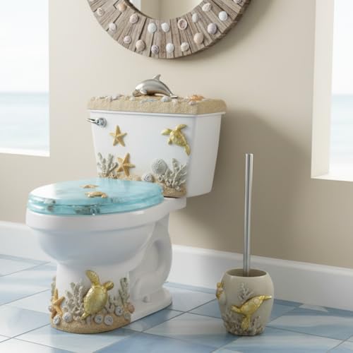 Image of 5 Inch Turtle Toilet Brush Holder, Gold Ocean Bathroom Decor | Resin mother & baby turtle brush, coastal bathroom organizer, ocean theme decor